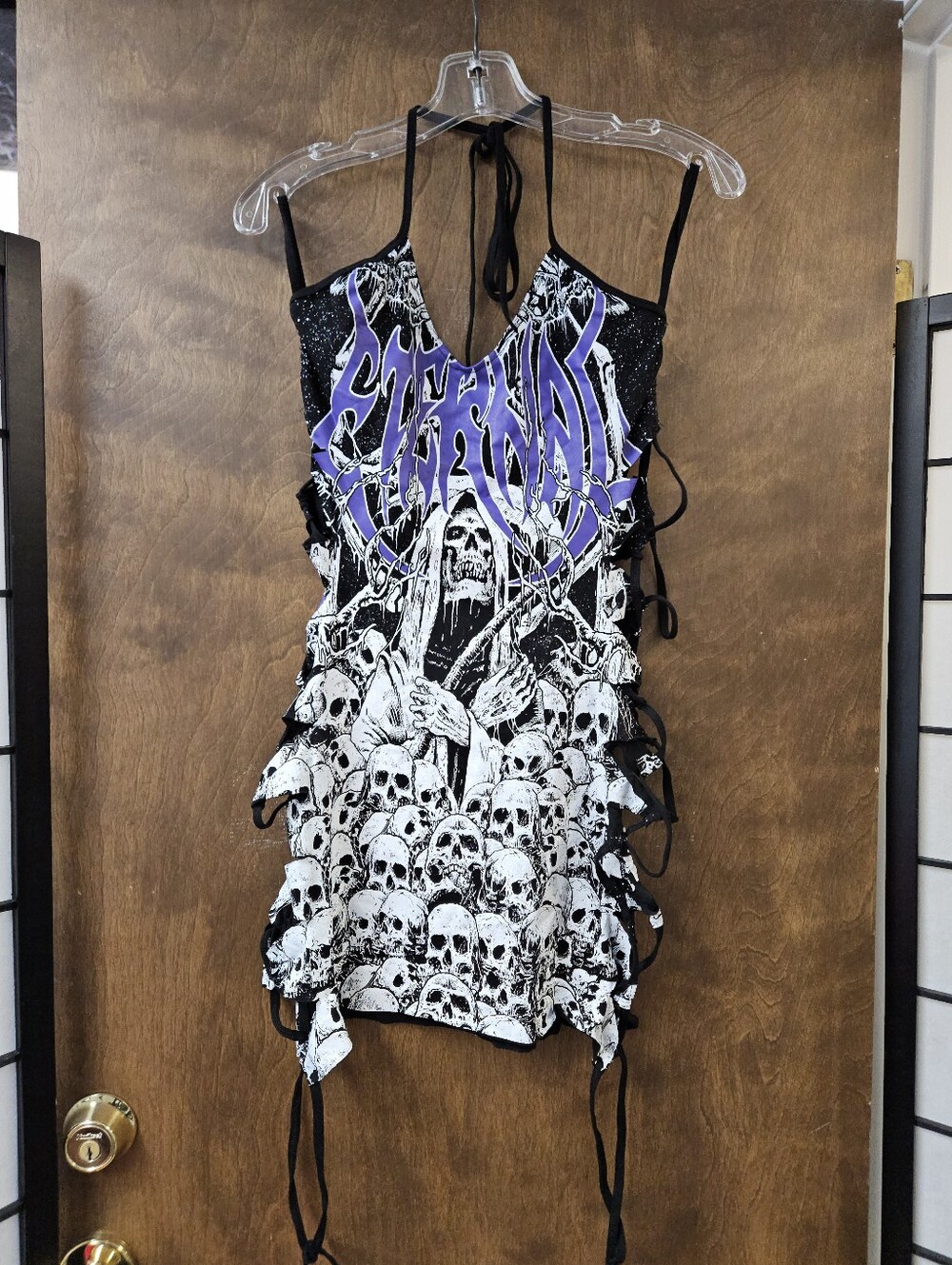Dolls Kill WIDOWRocking Midnight Mini Halter Dress Black Purple Skull Sz L